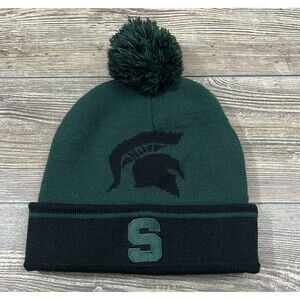 Michigan State Spartans Knit Winter Hat Green/Black Pom Pom, Cuffed 9"